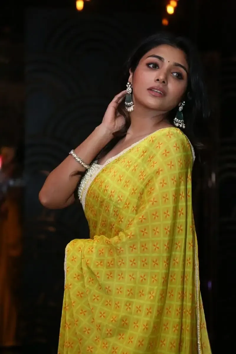 Indian Actress Mirnaa Menon in Yellow Saree at Ugram Movie Teaser Launch